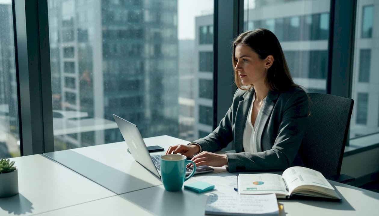 Finansinių technologijų SEO analitikas dirba prie savo darbo stalo biure