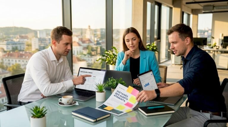 Fintech ir SaaS komandų nariai aptaria efektyvią SEO strategiją