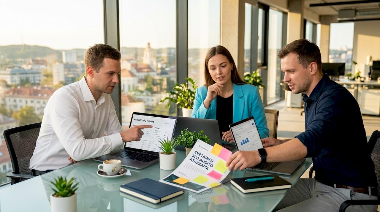 Fintech ir SaaS komandų nariai aptaria efektyvią SEO strategiją