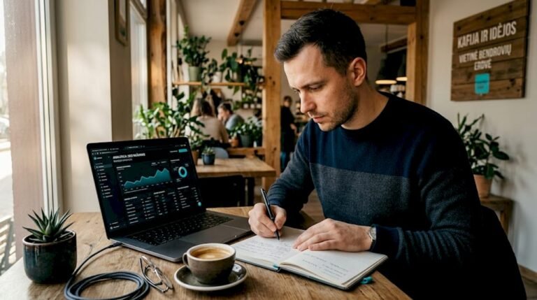 Finansinių technologijų specialistas susikaupęs dirba prie nešiojamojo kompiuterio biuro aplinkoje.