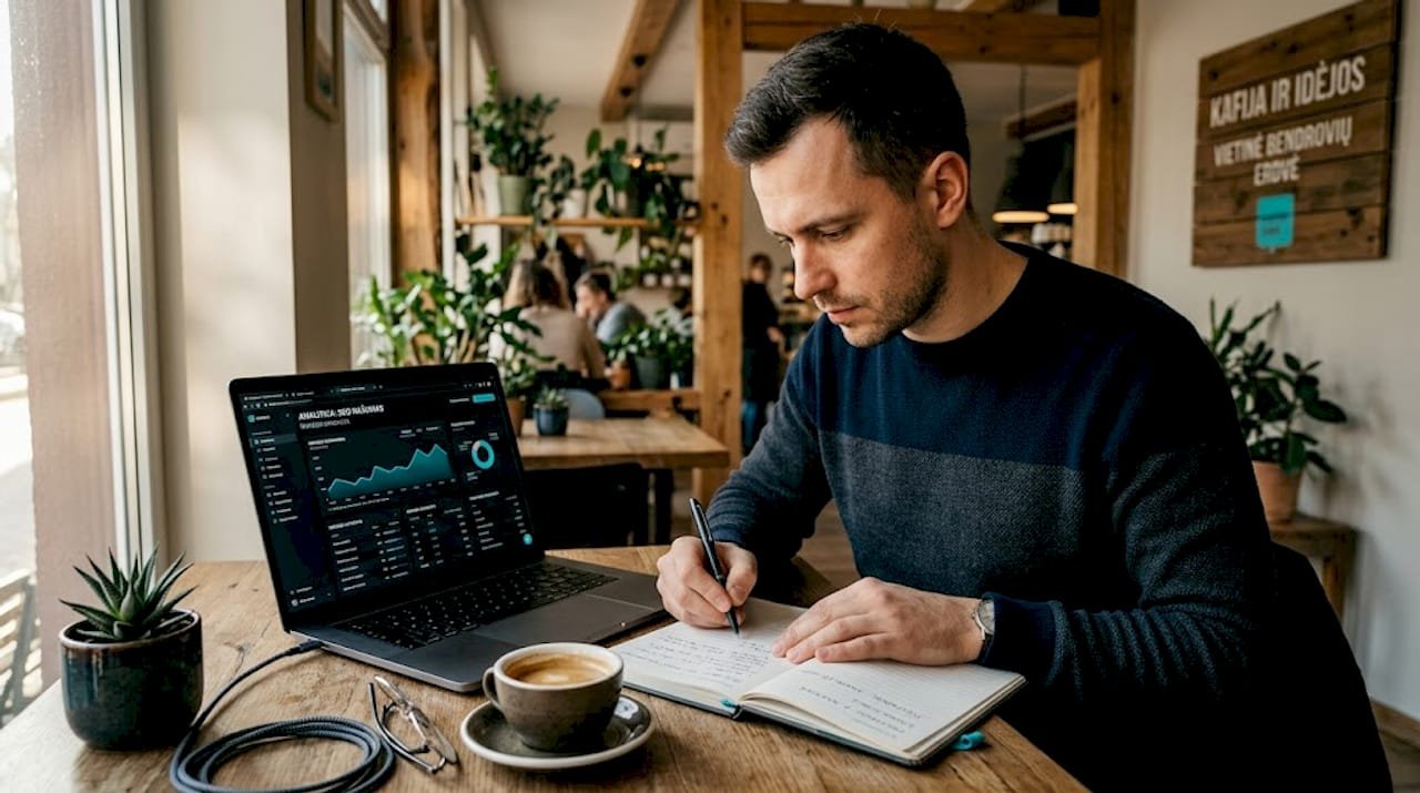 Finansinių technologijų specialistas susikaupęs dirba prie nešiojamojo kompiuterio biuro aplinkoje.