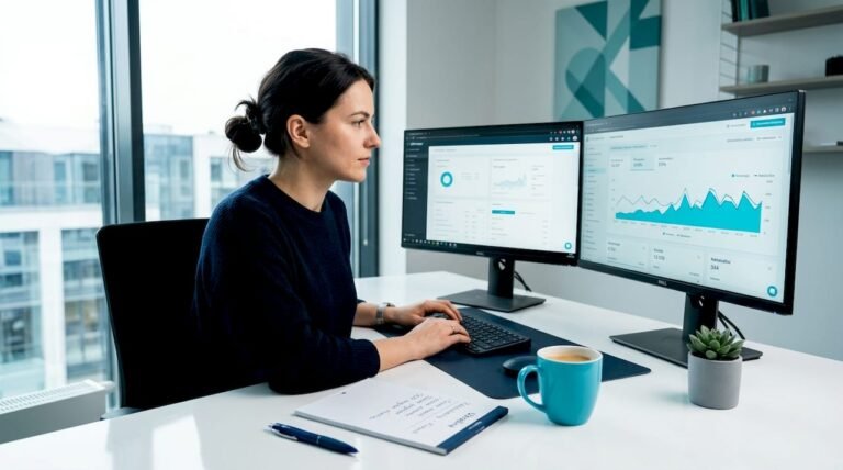 Finansinių technologijų SEO specialistas prie dviejų monitorių