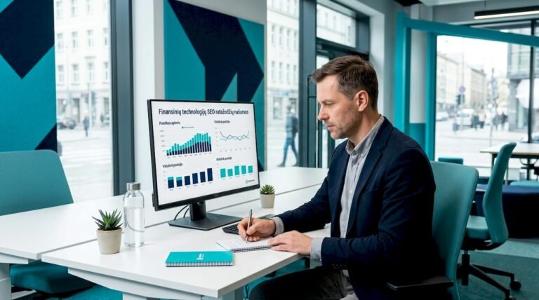 Vadovas nagrinėja finansinių technologijų įmonės SEO rezultatų ataskaitas ir analizuoja jų pokyčius.
