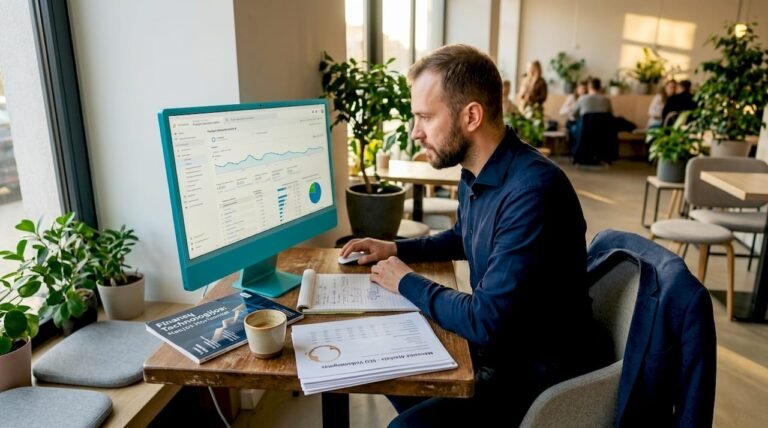 Finansinių technologijų SEO specialistas, dirbantis prie šviesaus, jaukaus rašomojo stalo.