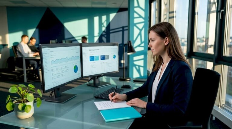 Finansinių technologijų specialistas analizuoja SEO audito rezultatus, ieškodamas galimybių optimizuoti įmonės internetinę strategiją.