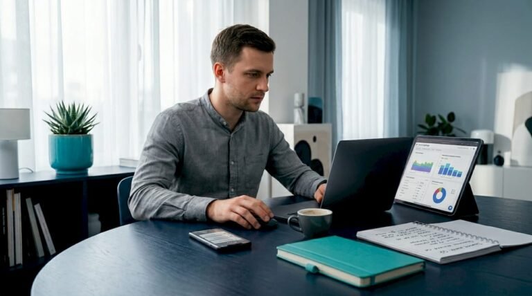 Mažoje biuro aplinkoje SEO specialistas kruopščiai nagrinėja interneto srauto duomenis ir ieško sprendimų, kaip pagerinti matomumą paieškos sistemose.