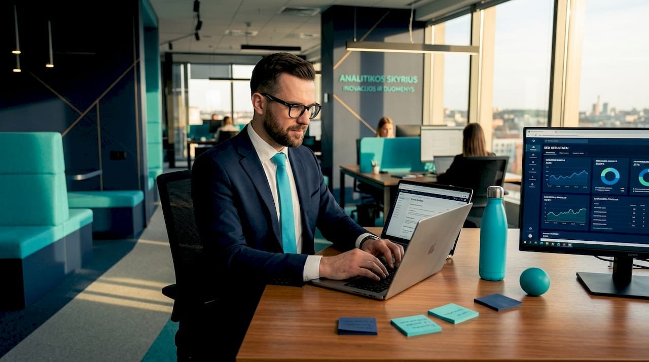 SEO specialistas, dirbantis fintech įmonės biure