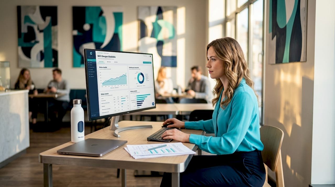 Finansinių technologijų specialistas biure analizuoja SEO ataskaitą.