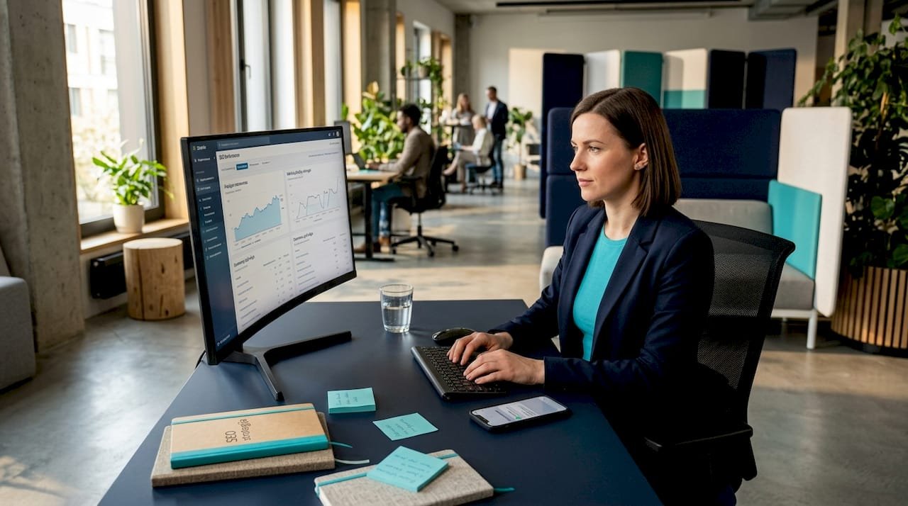 Prie darbo stalo sėdintis fintech rinkodaros specialistas gilinasį į SEO duomenis ir ieško efektyviausių sprendimų.