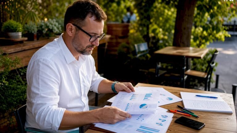 SEO specialistas analizuoja raktažodžių paieškos ataskaitas ir ieško efektyviausių strategijų, kaip pagerinti svetainės matomumą internete.