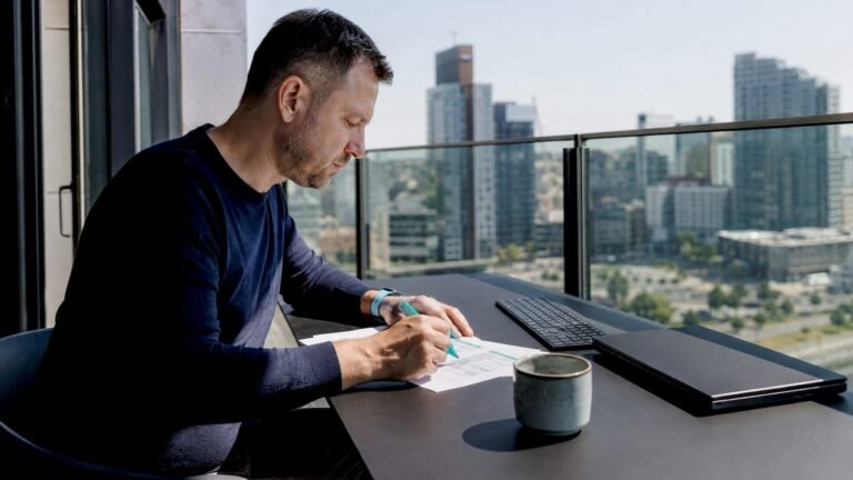 SEO specialistas prie darbo stalo gilinasi į fintech terminų žodyną