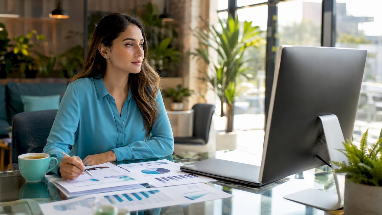 Finansinių technologijų analitikas savo darbo vietoje išsamiai nagrinėja SEO ataskaitas.