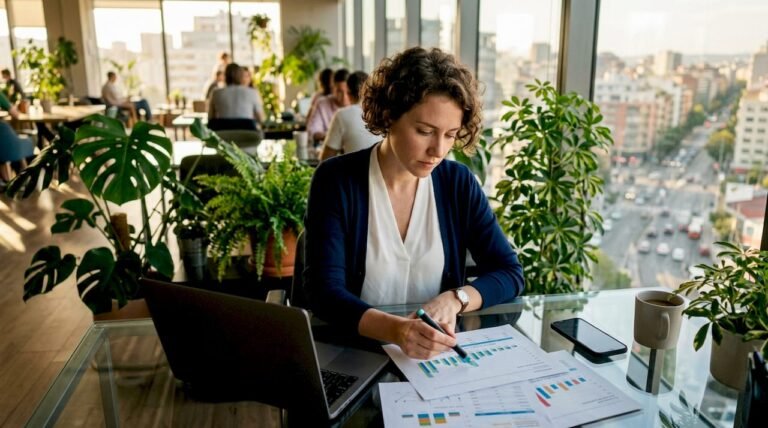 Finansinių technologijų SEO analitikas įdėmiai nagrinėja spausdintas ataskaitas, ieškodamas duomenų ir tendencijų, galinčių padėti pagerinti įmonės matomumą internete.