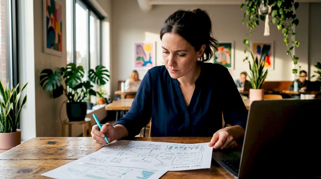 Finansinių technologijų (fintech) SEO analitikas kruopščiai nagrinėja atspausdintą ataskaitą