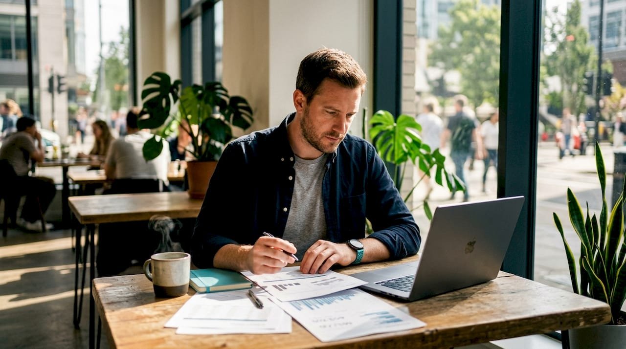 Finansinių technologijų SEO analitikas nagrinėja atspausdintas ataskaitas, ieškodamas duomenų ir įžvalgų, galinčių padėti pagerinti įmonės matomumą internete.