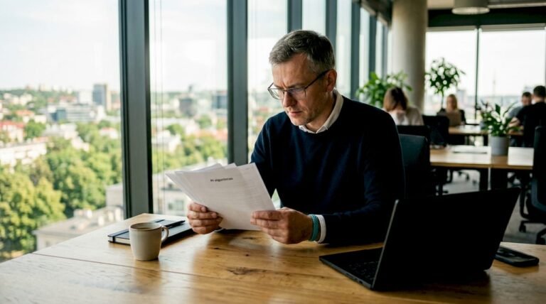 Finansinių technologijų analitikas prie darbo stalo gilinasi į dirbtinio intelekto dokumentus.