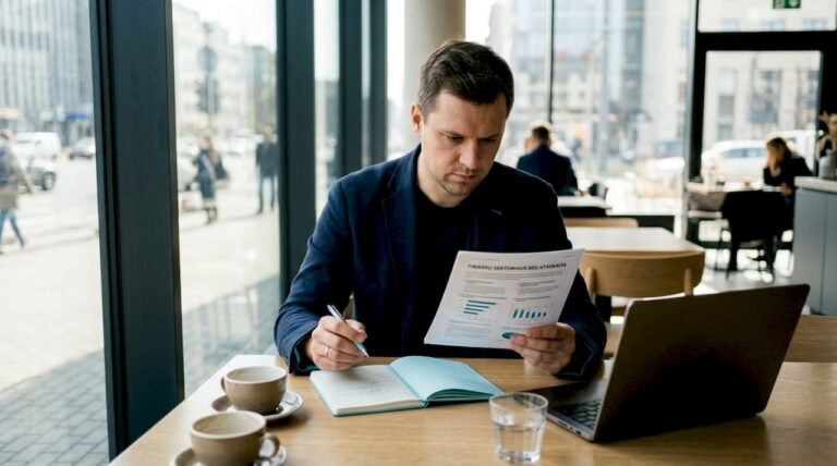 Specialistas prie darbo stalo analizuoja fintech SEO audito ataskaitą