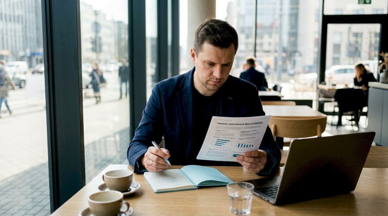 Specialistas prie darbo stalo analizuoja fintech SEO audito ataskaitą