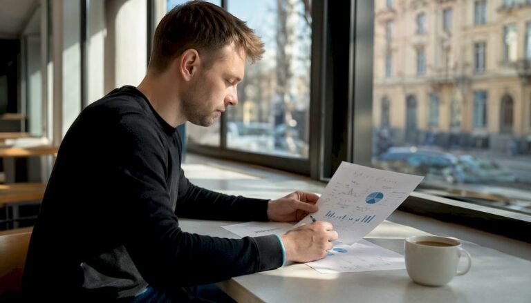 Prie darbo stalo susikaupęs jaunas analitikas nagrinėja dokumentus.