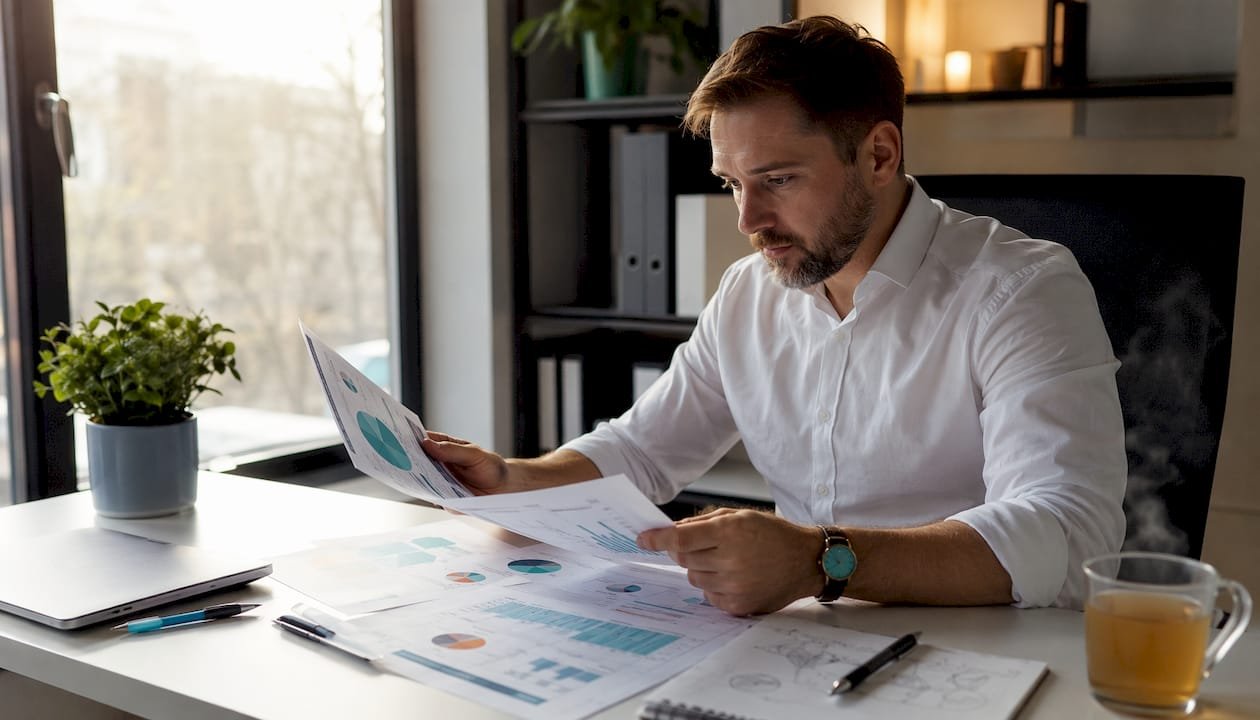 Fintech įmonės vadovas prie savo darbo stalo kruopščiai analizuoja SEO ataskaitas.