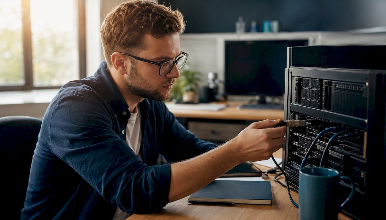Finansinių technologijų biure darbuotojas jungia tinklo laidą