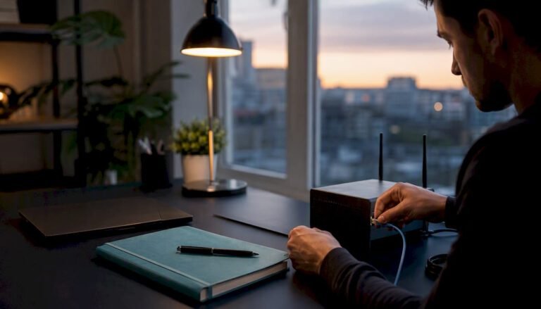 Finansinių technologijų biure rankos jungia tinklo laidą – pasiruošimas darbui su inovatyviomis sistemomis.