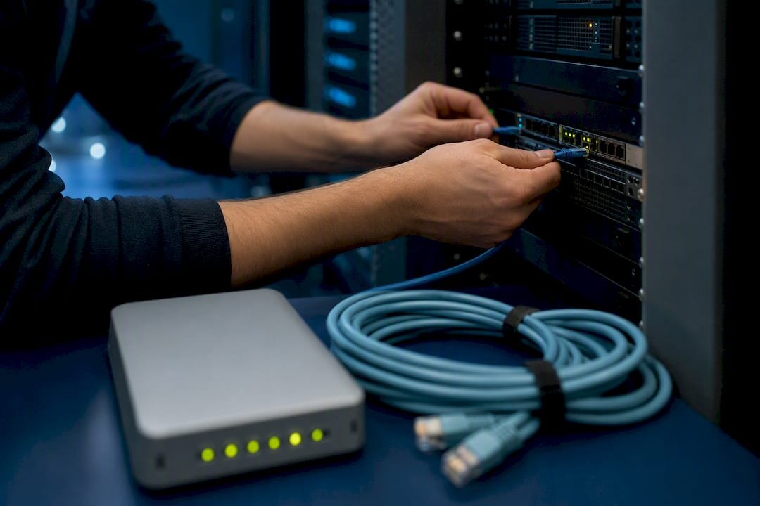 Rankos jungia tinklo kabelį prie fintech serverio spintos