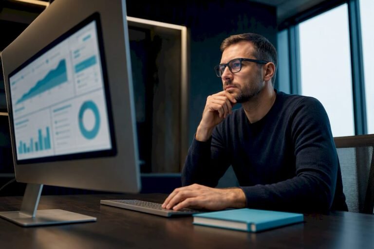 Analitikas peržiūri fintech SEO veiklos duomenis