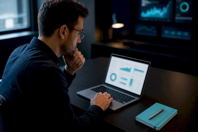 Analitikas peržiūri fintech SEO atribucijos ataskaitų skydelį