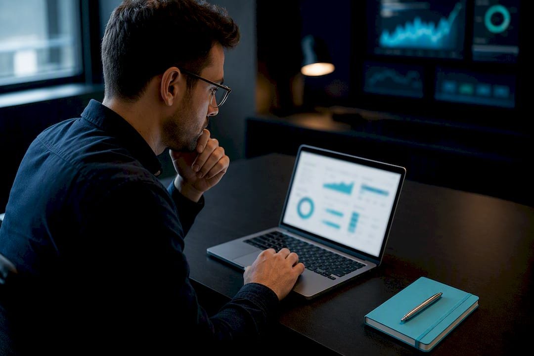 Analitikas peržiūri fintech SEO atribucijos ataskaitų skydelį